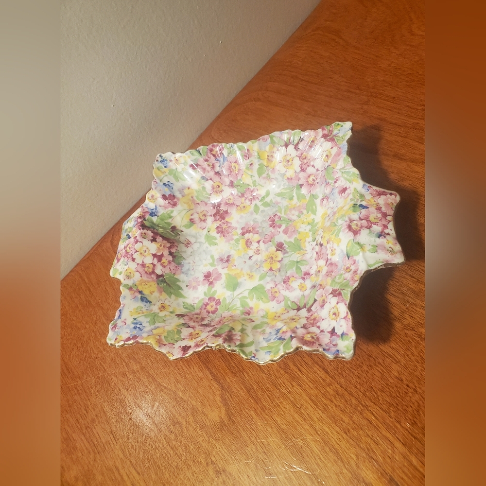 Vintage James Kent Longton England chintz ruffled pin or trinket dish.